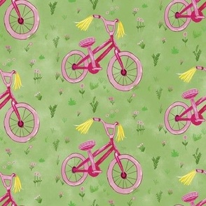 Retro pink bike, Medium | Large scale, kids bike, girls bike, summertime fun, bold, bright, green, whimsical, hand drawn, floral, botanical, kids playing, streamers on a bike, 90's kids