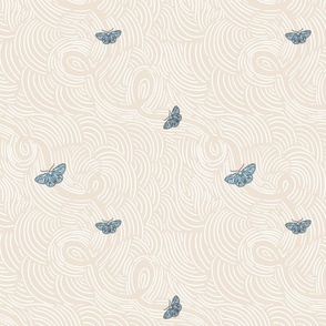 Flying Blue Butterflies in White Wind on Oatmeal