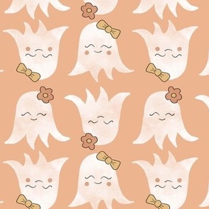 Cute little ghosts (on light orange) - adorably sweet ghosts with bows and flowers