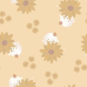 sunflower ghosts (on pale yellow) - a fun and cute halloween print for kids featuring ghosts and sunflower florals