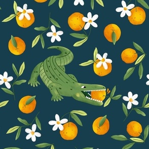 Crocodile and oranges on a dark background-