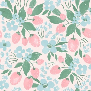 Strawberry blooms watercolor floral in light green blue soft pastel