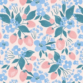 Strawberry blooms hand painted watercolor in soft light pastel blue, coral and beige