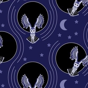Flying Owls Moon and Stars in blue