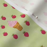 Strawberry Swirl Ice Cream Delight || small scale||  green background , strawberries and ice cream cones , sweet treats, desserts, fun and fruity pattern