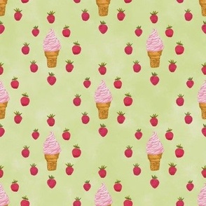 Strawberry Swirl Ice Cream Delight || small scale||  green background , strawberries and ice cream cones , sweet treats, desserts, fun and fruity pattern