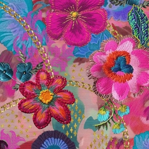 Eclectic Colorful Floral Pattern With Artful Embroidery
