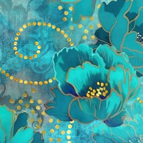 Decorative Floral Vintage Tapestry Design Turquoise Gold