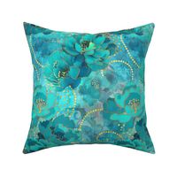 Decorative Floral Vintage Tapestry Design Turquoise Gold Smaller Scale