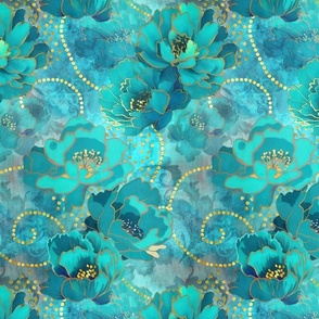 Decorative Floral Vintage Tapestry Design Turquoise Gold Smaller Scale