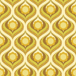 groovy retro 60s 70s daisy swirl pattern medium scale avocado brown lime mustard by Pippa Shaw