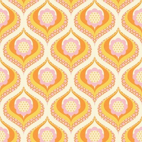 groovy retro 60s 70s daisy swirl pattern medium scale yellow orange pink by Pippa Shaw