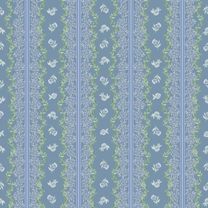 Scalloped Vines & Roses - Chambray Colorway - Smaller Scale