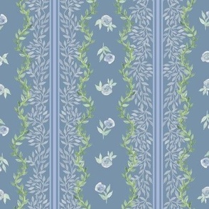 Scalloped Vines & Roses - Chambray Blue Colorway - Larger Scale