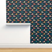 S. Playful smiley whales in the ocean, underwater life | teal, pink, red and tan on dark sea blue. Under the sea, small scale, whales are (2,5 inch)