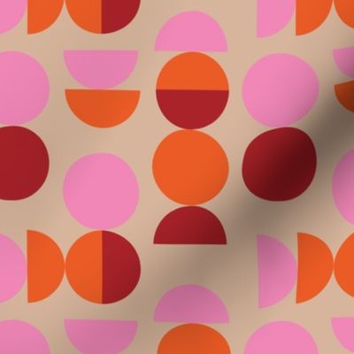 Colorful disco print - geometric circles and moon sixties colorful retro design abstract shapes pink orange burgundy on tan beige