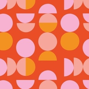 Colorful disco print - geometric circles and moon sixties colorful retro design abstract shapes pink orange blush on tangerine orange red