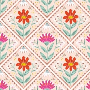 Folk Art Bright Floral Tile | MED Scale | Pink, Orange