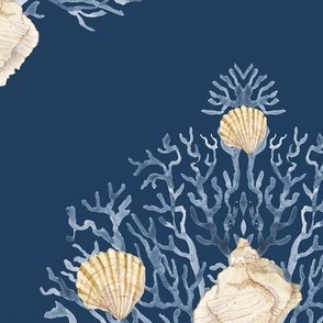 24" Nautical Paisley Coral Starfish Shells Navy Blue 