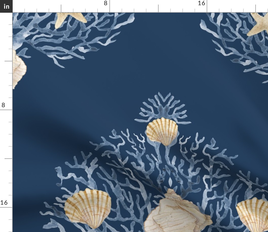 48" Nautical Paisley Coral Starfish Shells Navy Blue 