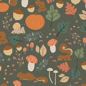 Squirrelly Autumn Whimsy - Dark Green