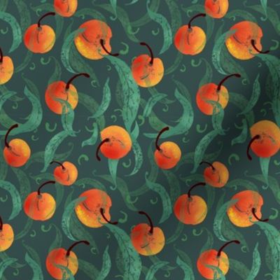 Peaches with dark green background