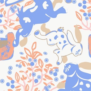 rabbits dancing around basket of blue berries white