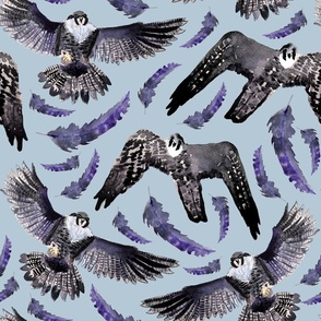 Seamless pattern with birds of prey flying in the sky, hand drawn in watercolor on paper 2