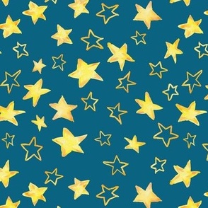 Holiday christmas watercolor yellow stars over blue peacock background