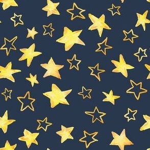Holiday christmas watercolor yellow stars over navy blue background