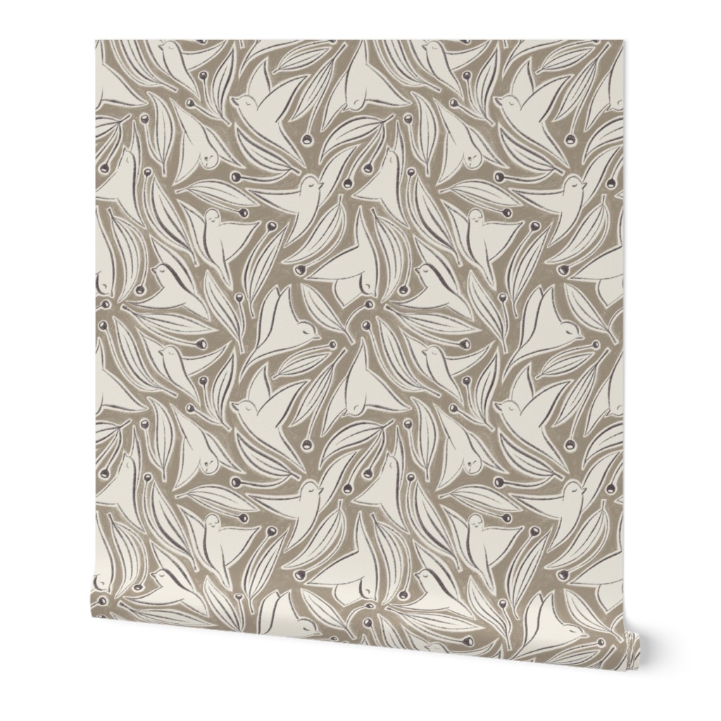 Birds and Berries | Creamy White, Khaki Brown, Purple Brown Gray | All Over Print