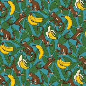 Monkey Jungle and Tropical Bananas on Teal