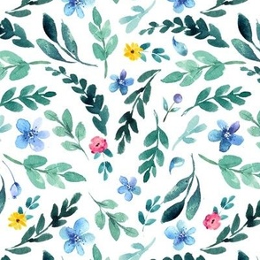 Med Watercolor Floral Blue, Yellow  & Pink Flowers / Teal Leaves 