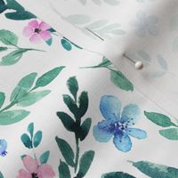 Med Watercolor  Blue & Pink Floral / Teal Leaves 