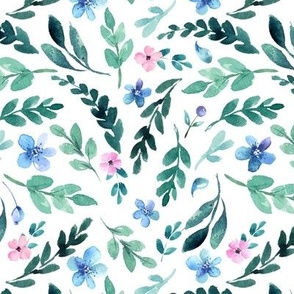 Med Watercolor  Blue & Pink Floral / Teal Leaves 