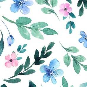 XL Watercolor Pink + Blue Floral / Teal Leaves 