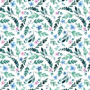 XS Watercolor  Blue & Pink Floral / Teal Leaves 