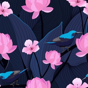 Souimanga bird and lotus - blue FABRIC