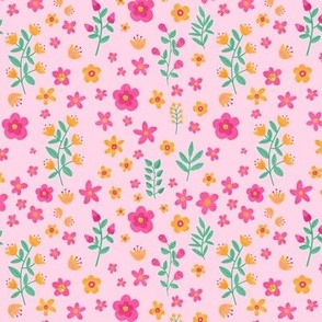 Small Pretty Ditsy Floral Rose Pink Marigold Orange Flowers and Leaves Pink Background