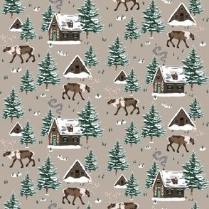 Cozy winter alpine reindeer in a snowy pine forest full of chalets (small 4x4)
