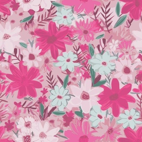 Daisy Flowers Abstract in magenta pink and sage by kedoki