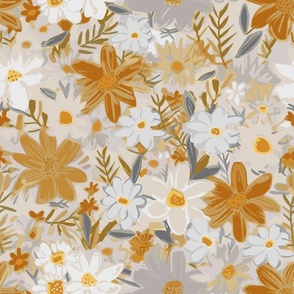 Daisy Flowers Abstract by kedoki grey and gold and white