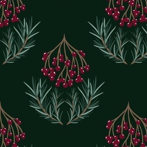 Holiday red berries and winter pine branches on green damask pattern (medium 7x7)