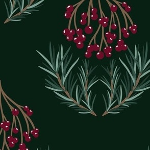 Holiday red berries and winter pine branches on green damask pattern (large 10x10)
