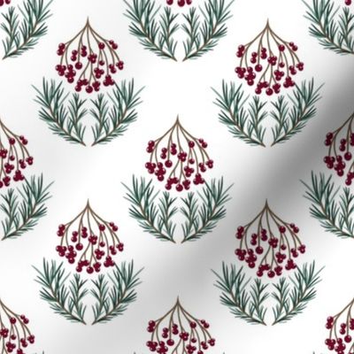 Holiday red berries and winter pine branches on white damask pattern (small 4x4)
