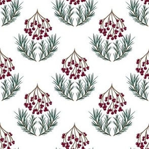 Holiday red berries and winter pine branches on white damask pattern (small 4x4)