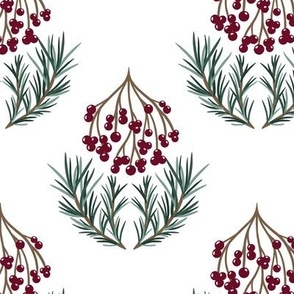Holiday red berries and winter pine branches on white damask pattern (medium 7x7)