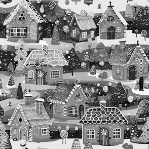 Gingerbread Houses at night by kedoki in gray and white and black