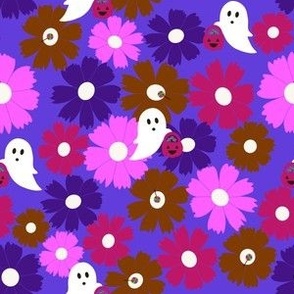 Medium Scale // Bright Violet, Cerise, Fuchsia and Russet Halloween Ghost Candy Trick or Treat on Indigo Blue