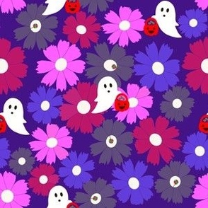 Medium Scale // Eggplant, Purple, Fuchsia and Cerise Pink Halloween Floral Ghost Candy Trick or Treat on Bright Violet 